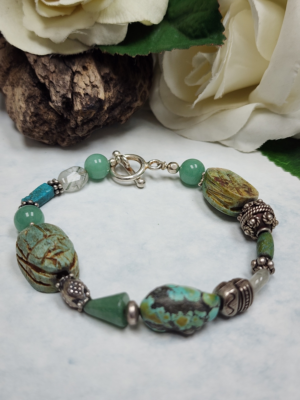Beautiful Green Faux Turquoise Bracelet with Silver Toned Accents